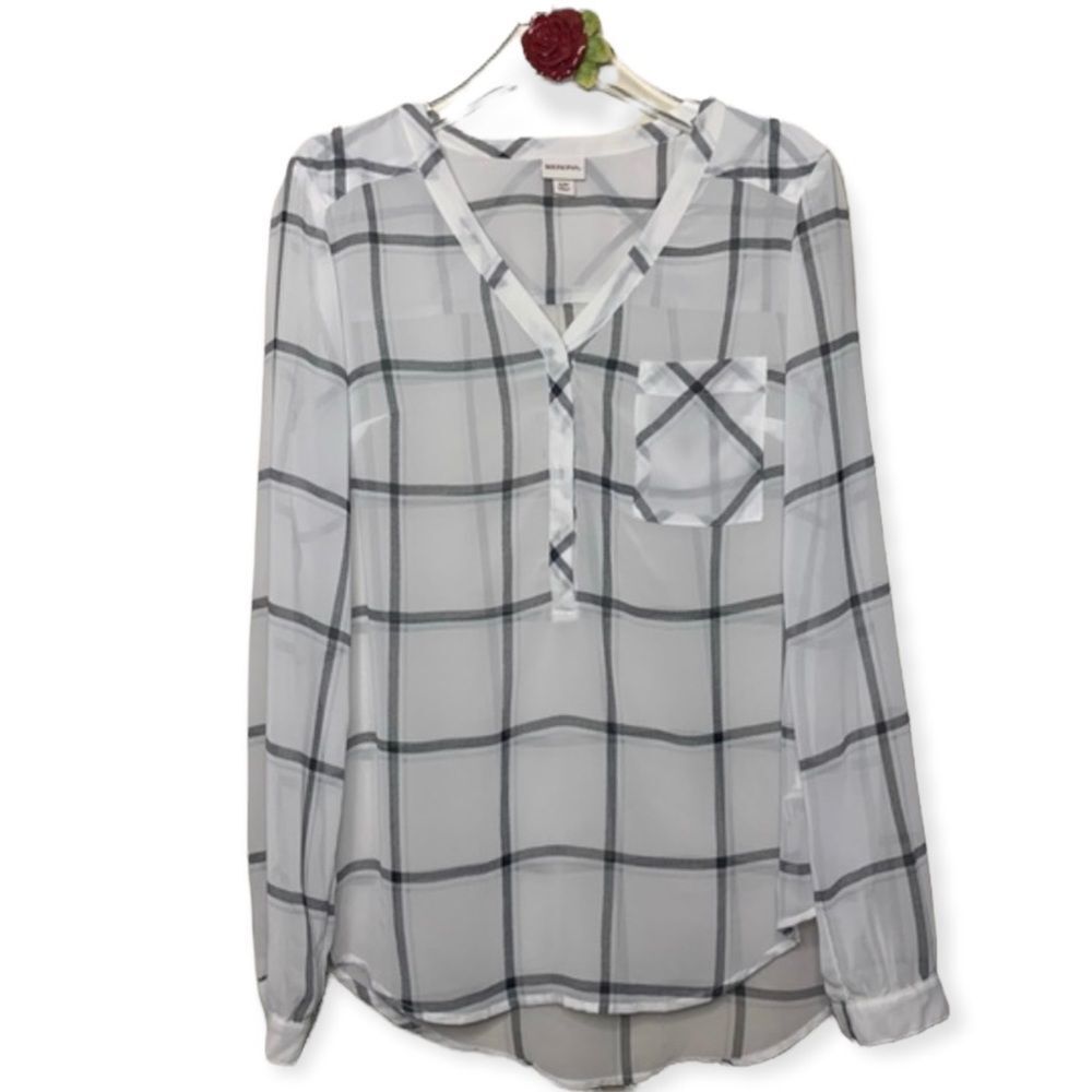 MERONA‎ Small Petite Black and White Plaid Casual Long Sleeve Popover Blouse